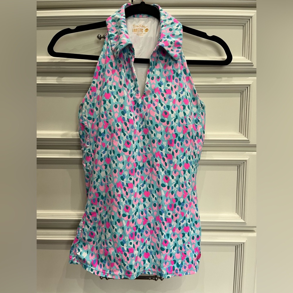 Lilly Pulitzer Luxletic Lakelyn Pink Blue Multicolor Sleeveless Polo Tank Top XS